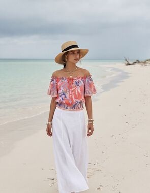 Flying Tomato Electric Coral Floral Off-Shoulder Crop Top